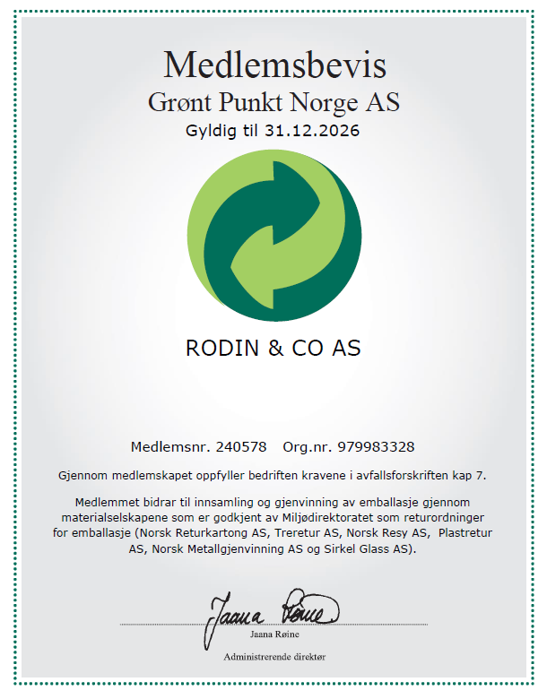 Medlemsbevis Grønt Punkt Norge – Rodin & Co AS